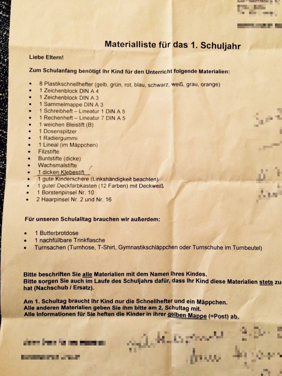 Ein Beispiel für eine vergleichsweise kurze Materialliste.