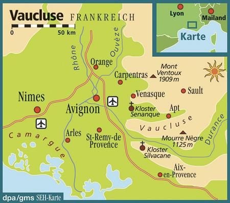 Das Vaucluse im Süden Frankreichs - die Region nordwestlich von Marseille gehört zur Provence und steht bei Feinschmeckern wegen ihrer Trüffel hoch im Kurs.(Karte: dpa)