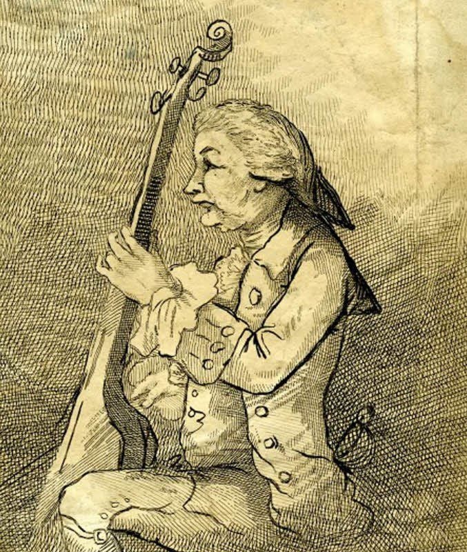 Eine Radierung aus London zeigt Carl Friedrich Abel in seinem Todesjahr1787 bei einem Solo mit der Viola da Gamba.