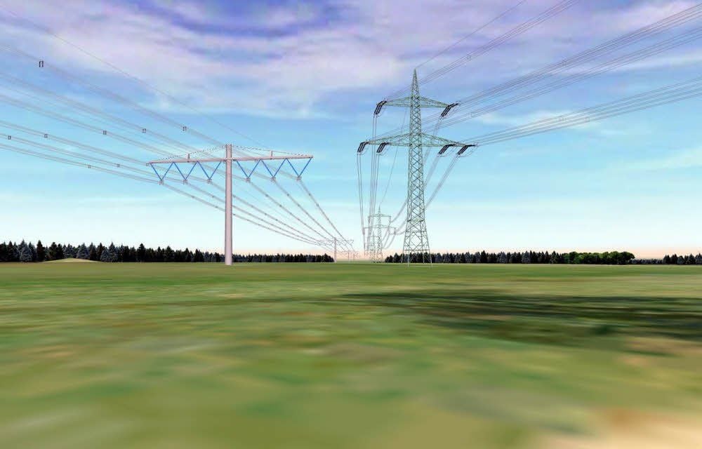 Dieser Ausschnitt aus der Visualisierung zeigt die in der Entwicklung befindliche Compact-Line-Trasse (links) im Vergleich mit den herkömmlichen Stahlgittermasten und Leitungen.