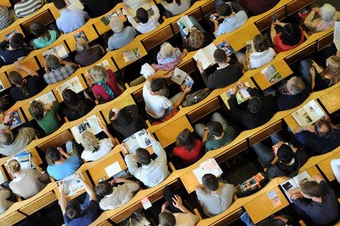 Studenten verfolgen im Hörsaal eine Vorlesung.
