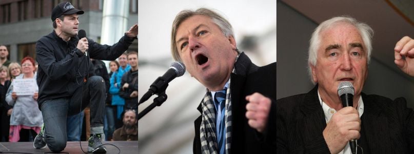 Machen Stimmung im Internet und auf Kundgebungen: Ken Jebsen (l.), Jürgen Elsässer (M.) und Albrecht Müller (r.).