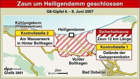 Der zwölf Kilometer lange Zaun um Heiligendamm wurde geschlossen. (Grafik: dpa)