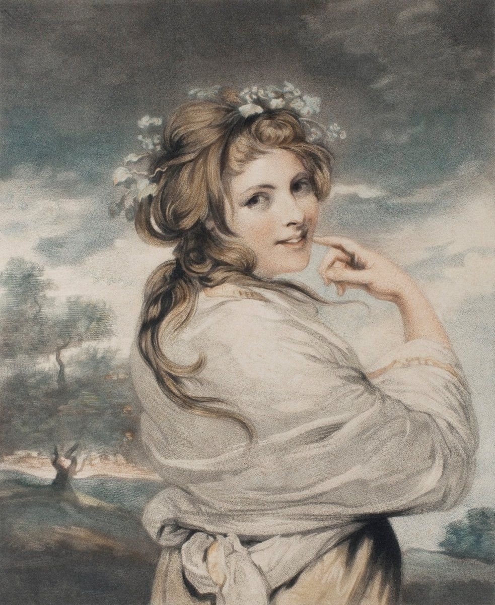 Emma Lady Hamilton als Bacchantin (John Raphael Smith nach Josuah Reynolds: A Bacchante, 1784, Mezzotinto)