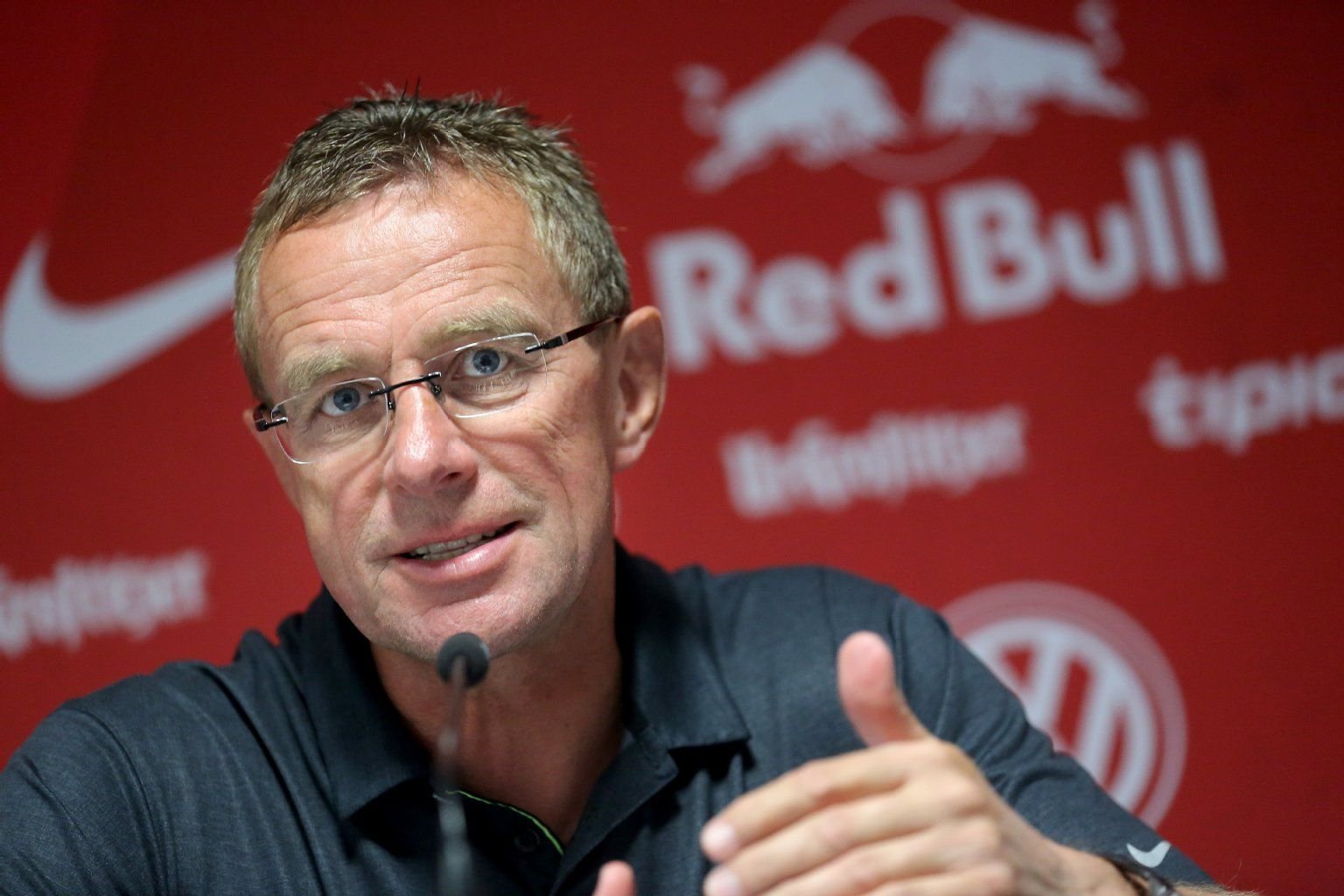 RB Leipzig Trainer Ralf Rangnick spricht auf einer Pressekonferenz in der Red-Bull-Arena Leipzig über den Saisonauftakt beim FSV Frankfurt.