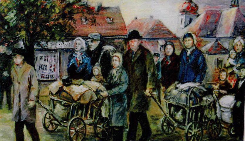 Vertriebene auf ihrem Zug aus der alten Heimat