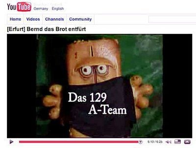 Der Screenshot aus einem am 22.01.09 in dem Internetportal «YouTube» veröffentlichten Video zeigt ein Bild von einer vermummten «Bernd das Brot»-Figur. (FOTO: DDP)