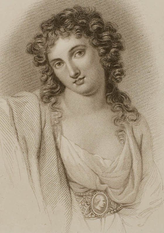 Emma Lady Hamiltons Memoiren erscheinen 1816 in deutscher Sprache. Das Bild - gestochen nach einem Gemälde von Angelika Kauffmann - schmückt das auch von Johann Wolfgang von Goethe beachtete Buch. Die Figur auf dem Gürtel trägt die Züge von William Hamilton.