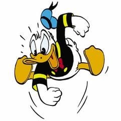 Comicfigur Donald Duck hüpft in die Luft (undatierte Zeichnung). Donald Duck wird 70 Jahre alt. In Disneys Cartoon "The Wise Little Hen" trotzte der gefiederte Enterich zum ersten Mal tölpelhaft, aber tapfer den Widrigkeiten des Lebens. Nach Ansicht der Fanclubs liegt die Begeisterung für Duck vor allem darin, dass der Mensch sich in dem gefiederten Helden wiederfindet. (Foto: dpa)