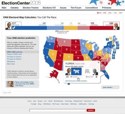 Blau für Obama, Rot für McCain und die umkämpften «Swing States» in Gelb: Im Internet wie hier bei CNN können Nutzer selbst vorhersagen, wer Staaten wie zum Beispiel Florida gewinnt und wie sich das dann auf das Wahlergebnis auswirkt. (Foto: dpa)
