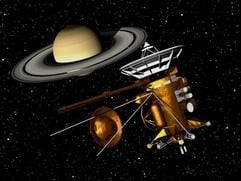 Eine künstlerische Darstellung zeigt die Loslösung der europäischen Sonde Huygens (l) von der Sonde Cassini mit dem Saturn im Hintergrund (Handout vom 11.09.2003). Huygens ist die Schwestersonde der US-Sonde Cassini und soll am 25.12.2004 von der Muttersonde getrennt werden, um 22 Tage später in die Gashülle des Saturnmond Titan einzudringen. Das Sonden-Doppel war am 15.10.1997 von Cape Canaveral ins All gestartet. Mit einer Armada von Raumsonden haben sich Europäer und Amerikaner im Jahr 2004 einen Wettkampf um die besten Plätze im Weltall geliefert. (Foto: dpa)