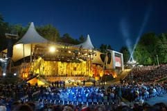 Farbenfroh erleuchtet ist die Waldbühne in Berlin während der Livesendung zu "Wetten dass...?". Am 02. August feiert das Areal 70. Geburtstag (Archivfoto vom 03.07.2004). (Foto: dpa)