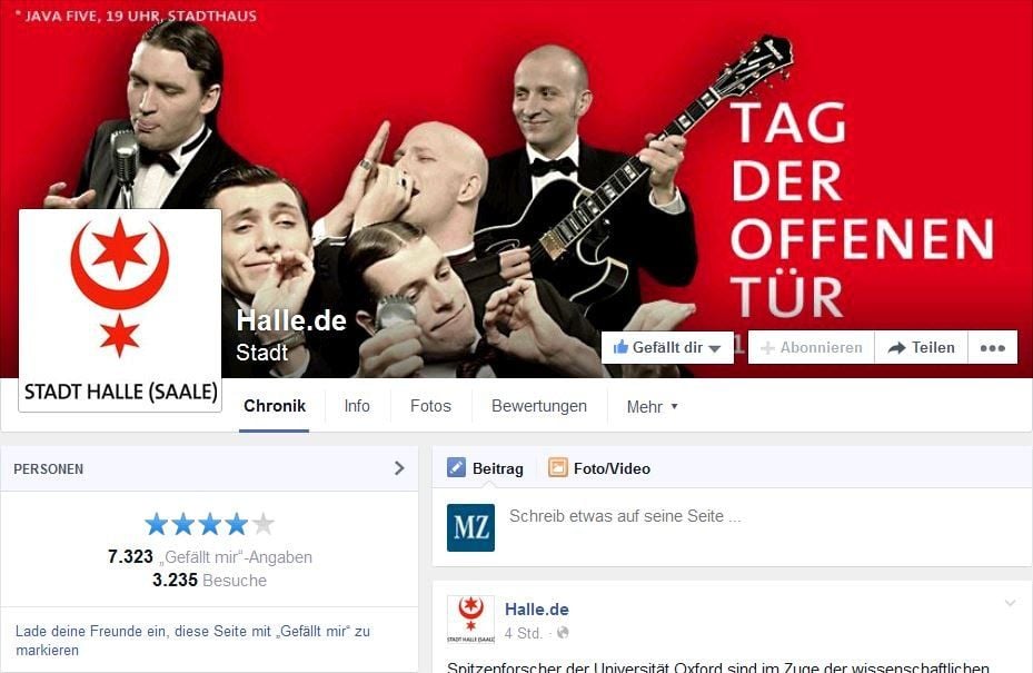 Die offizielle Facebook-Seite der Saalestadt wirbt derzeit mit dem Tag der Offenen Tür. Mit einer Gegendemonstration gegen eine angebliche Halgida-Bewegung, die Unbekannte mit einem Fakeprofil angekündigt hatten, will die Stadt jedoch nichts zu tun haben.