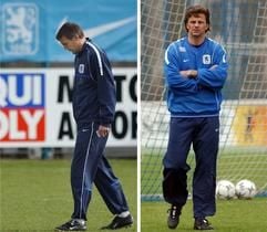 Die Bildkombo zeigt den ehemaligen Trainer Peter Pacult (l) am Dienstag (11.03.2003) und den neuen Trainer Falko Götz vom Fußball-Bundesligisten TSV 1860 München am Mittwoch in München. Pacult ist ab sofort nicht mehr Trainer beim TSV 1860 München. Das teilte der Verein am Mittwoch mit. Gründe für die Trennung wurden zunächst nicht bekannt. Götz betreute in der vergangenen Saison als Interimscoach Hertha BSC. Pacult hatte am 18. Oktober 2001 das Amt als Cheftrainer bei den "Löwen" übernommen. (Foto: dpa)