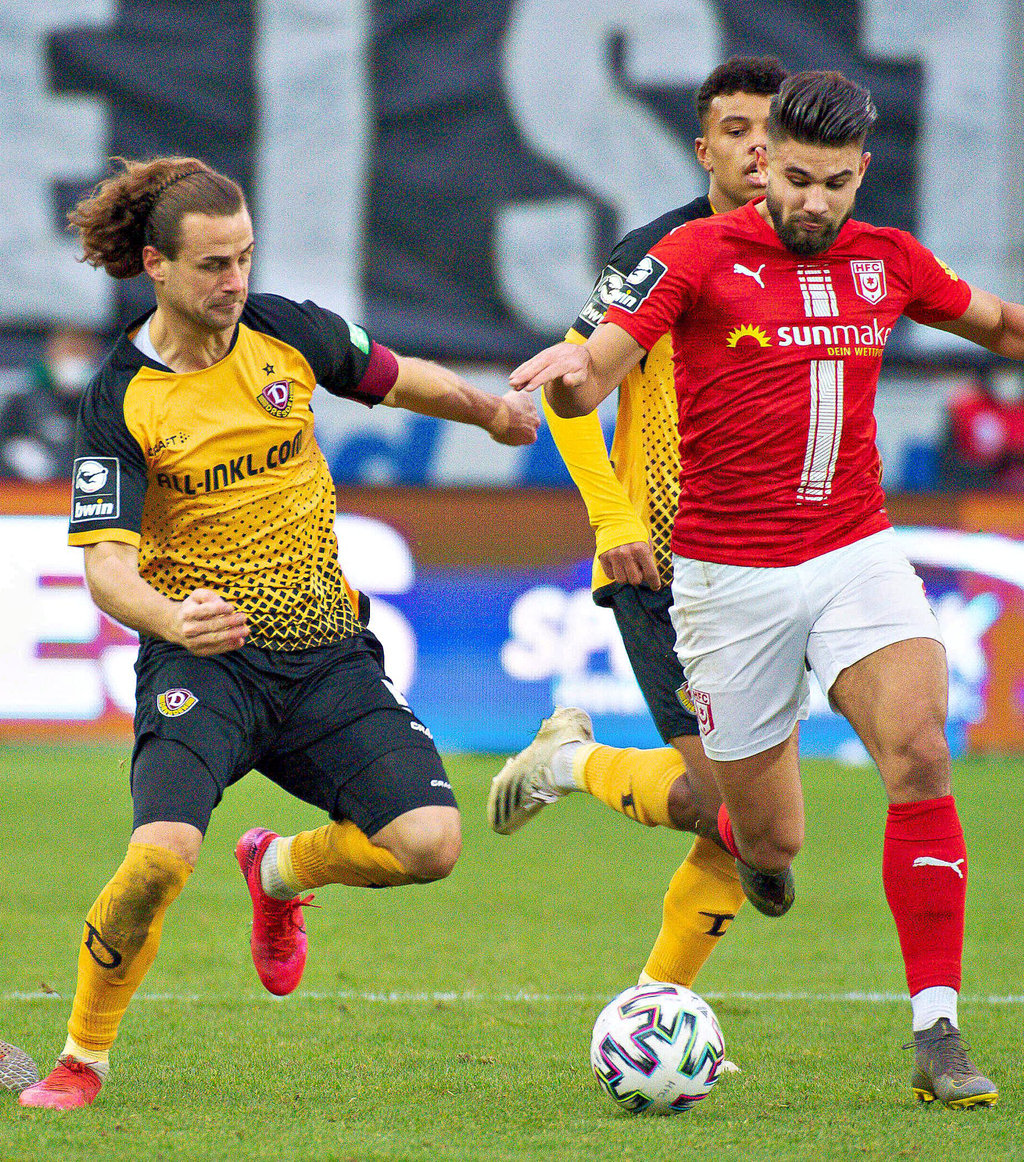 Dresdens Yannick Stark (l.) dürfte es wieder mit Antonios Papadopoulos zu tun bekommen.