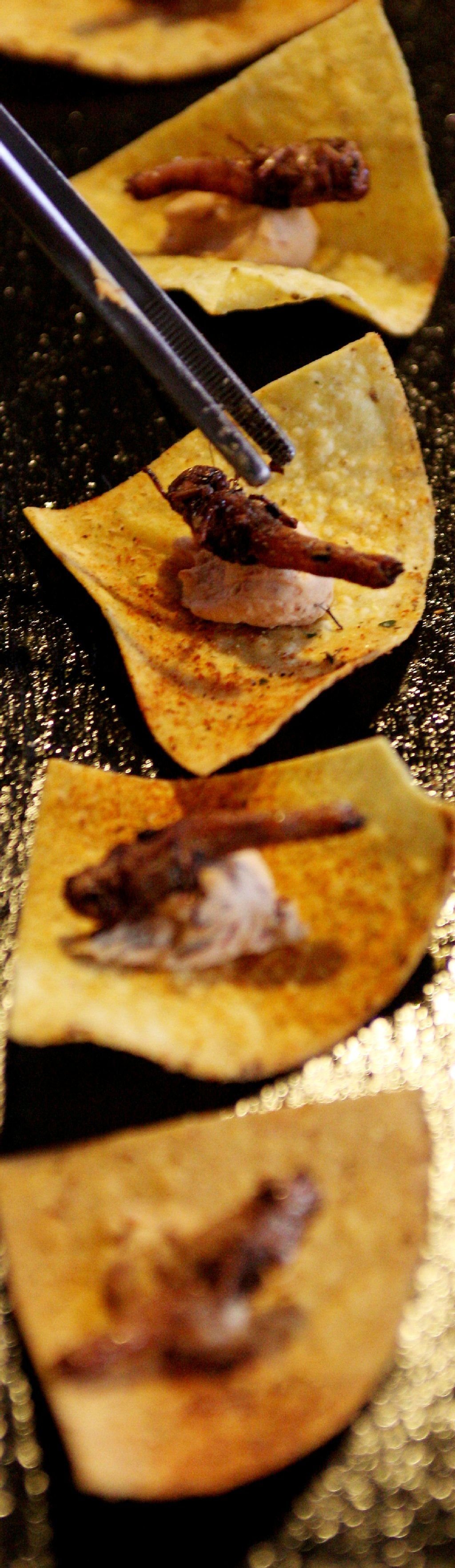 Fertig gebraten werden die Tiere mit einem Dip auf dem Nacho angerichtet.