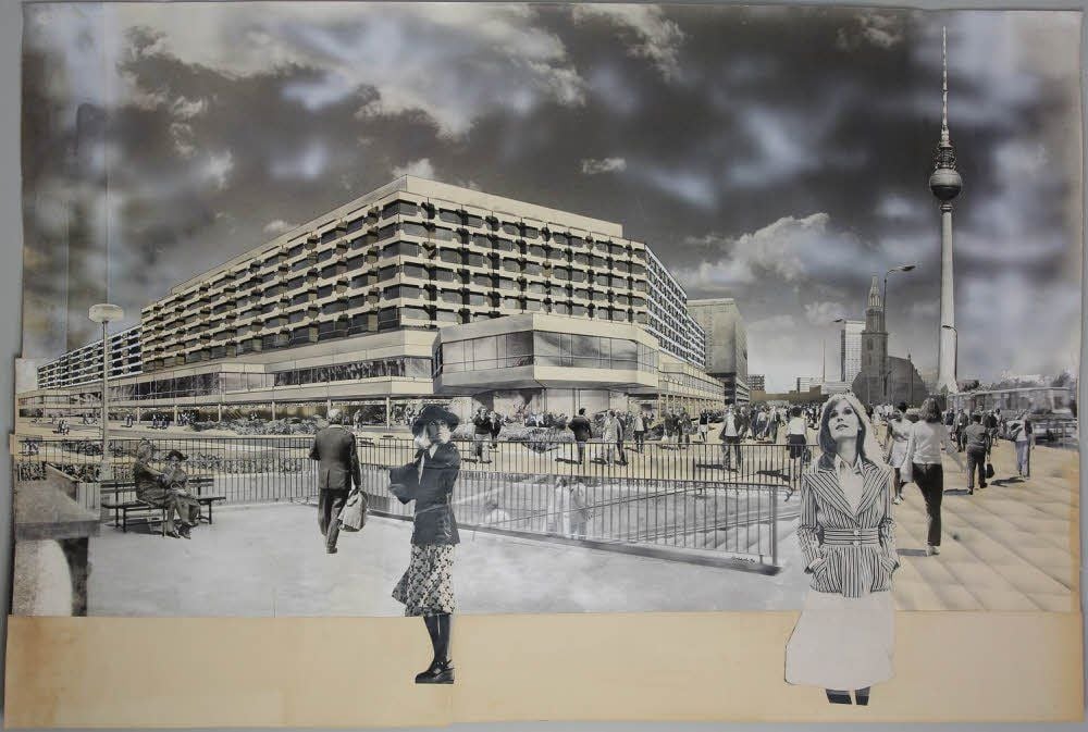 Dieter Urbachs Collage zeigt das Ostberliner Palasthotel nach einem Entwurf von Ferenc Kiss. Es wurde 1976 eröffnet und 2001 abgerissen.