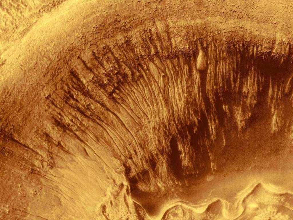 Eine Landschaft mit Rinnen und Kanälen in einem Teil des Newton-Kraters auf dem Mars. Foto: NASA/JPL-Caltech/MSSS