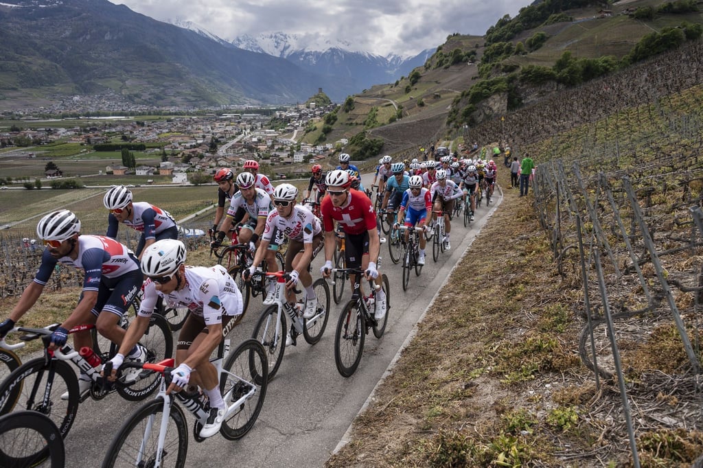 Das Fahrerfeld bei der 1. Etappe der Tour de Romandie von Aigle nach Martigny über 168,10 Kilometer.
