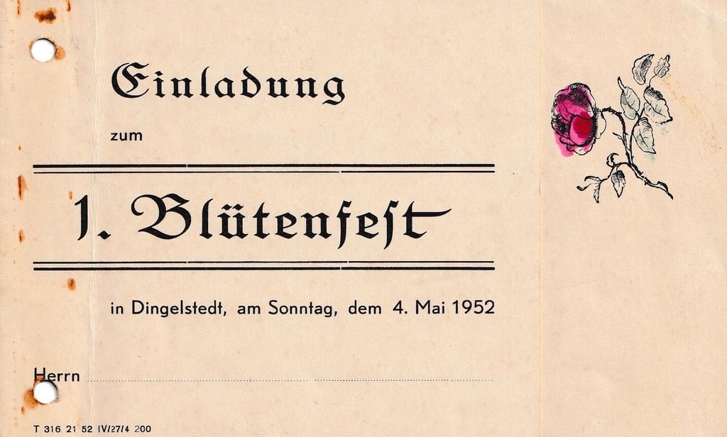 Einladung zum ersten Blütenfest in Dingelstedt im Jahr 1952.