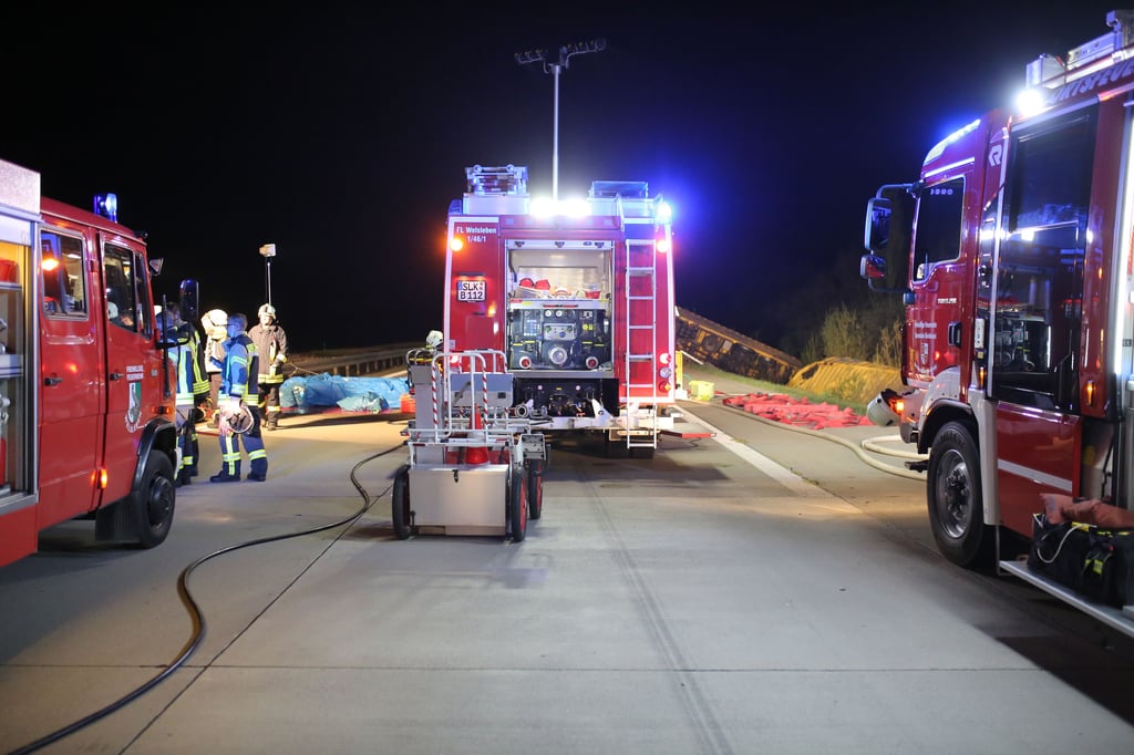 Etliche Einsatzkräfte von Polizei und Feuerwehr halfen dabei, den verunglückten Lkw auf der A14 bei Welsleben zu bergen.