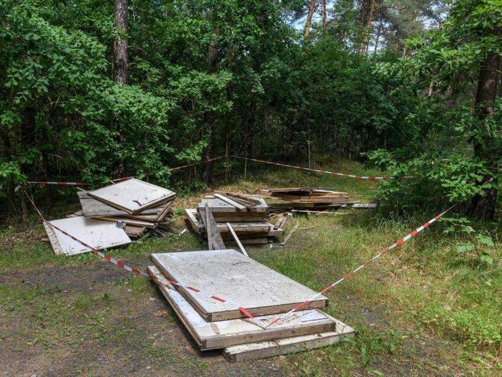 Illegal entsorgter Müll, bestehend aus Holzplatten mit Asbest einer ehemaligen Gartenlaube aus DDR-Zeiten, wurde in einem Wald abgekippt. Foto: Patrick Pleul/Archiv