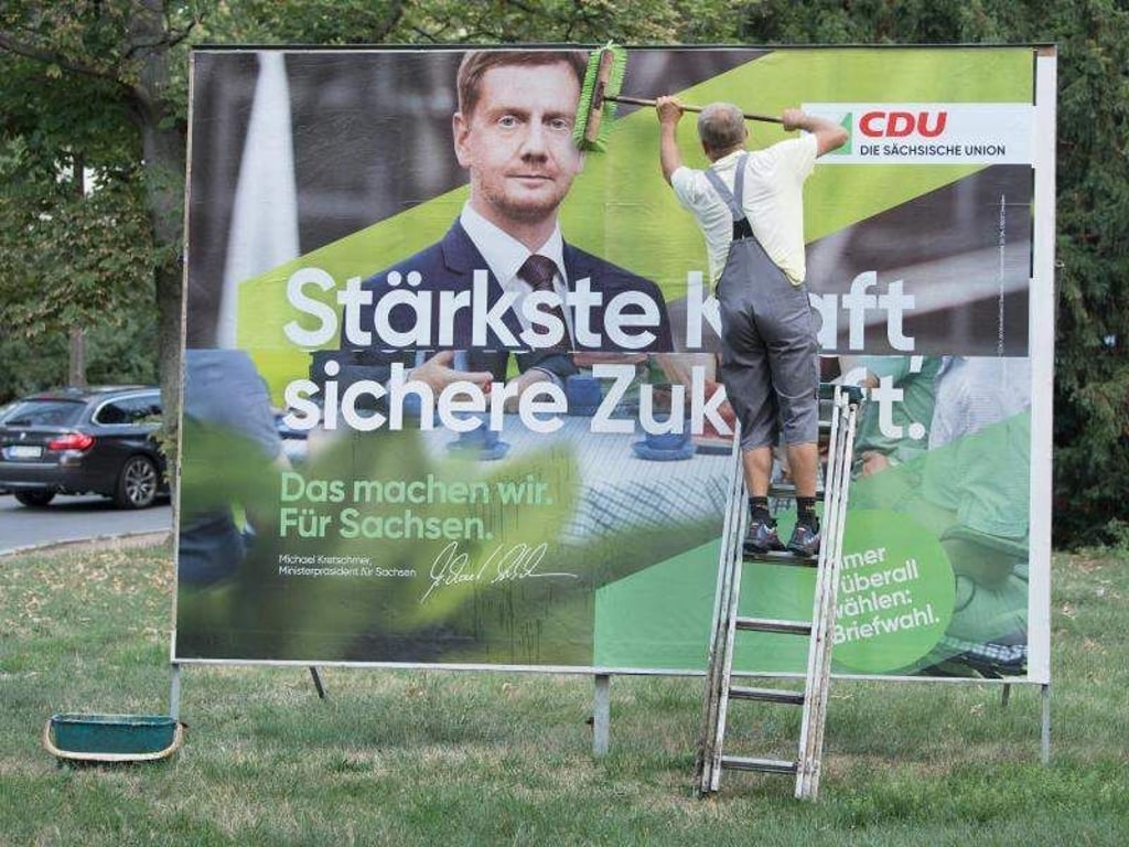 Im Umfrage-Aufwind: CDU-Wahlplakat mit Sachsens Ministerpräsident Michael Kretschmer. Foto: Sebastian Kahnert