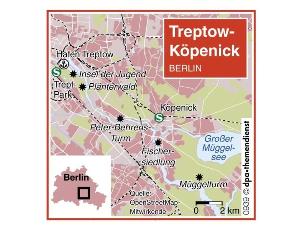 Der Südosten Berlins wird von Touristen meist vernachlässigt, doch im Bezirk Treptow-Köpenick gibt es viel zu entdecken - vom sowjetischen Ehrenmal bis zur ehemaligen Fischersiedlung. Foto: dpa-infografik GmbH/dpa Grafik/dpa