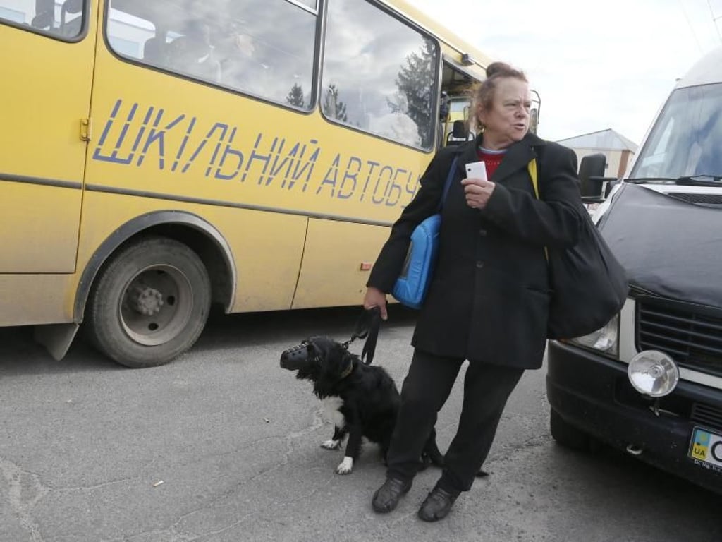 Eine Frau wartet mit ihren Hund auf die Evakuierung. Foto: Efrem Lukatsky