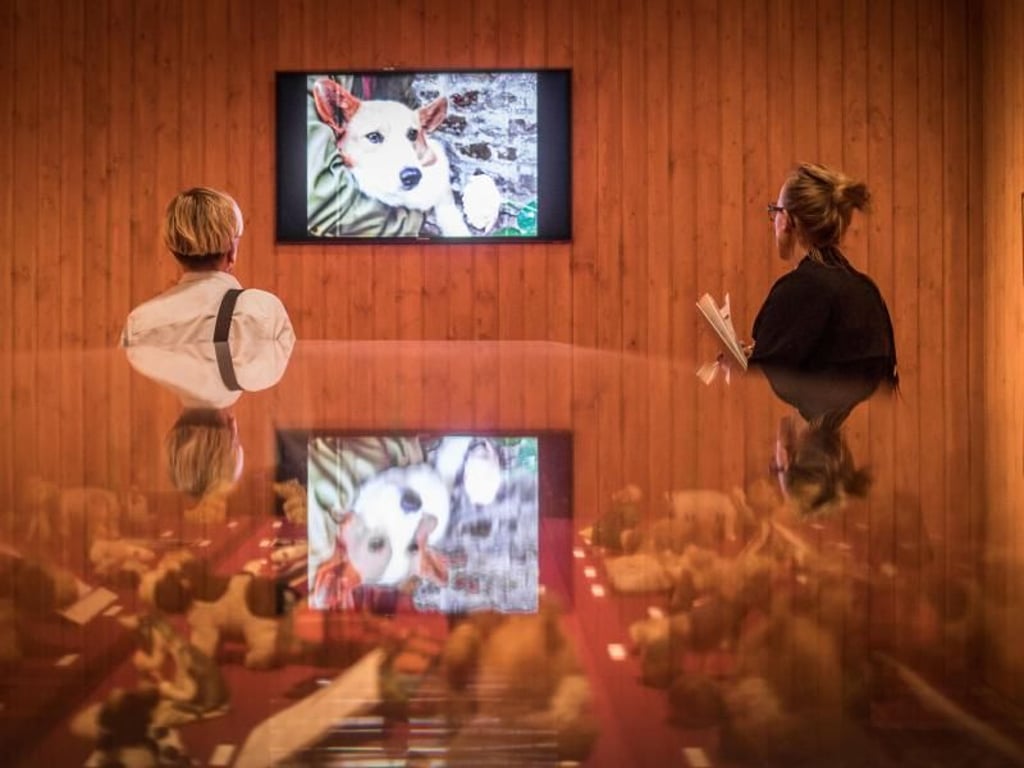 Besucherinnen betrachten die Installation des französischen Künstlers und Schriftstellers Michel Houellebecq mit dem Tiel «Salle Clement». Foto: Frank Rumpenhorst