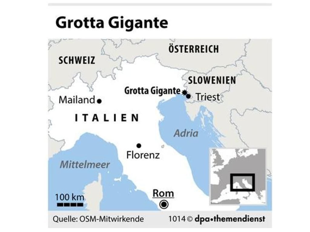Die Grotta Gigante in der Nähe von Triest ist die größte Schauhöhle der Welt. Man kann allerdings nicht behaupten, dass sie besonders viel Werbung für sich macht. Foto: dpa-infografik