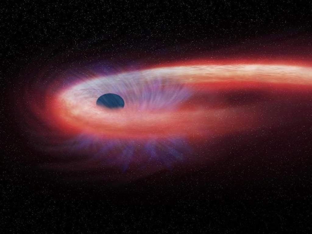 Diese grafische Darstellung zeigt einen Stern, der von einem schwarzen Loch geschluckt wird und dabei einen roten Schweif aus Röntgenstrahlen hinter sich lässt. Foto: M.Weiss/NASA/Chandra X-ray Observatory/AP