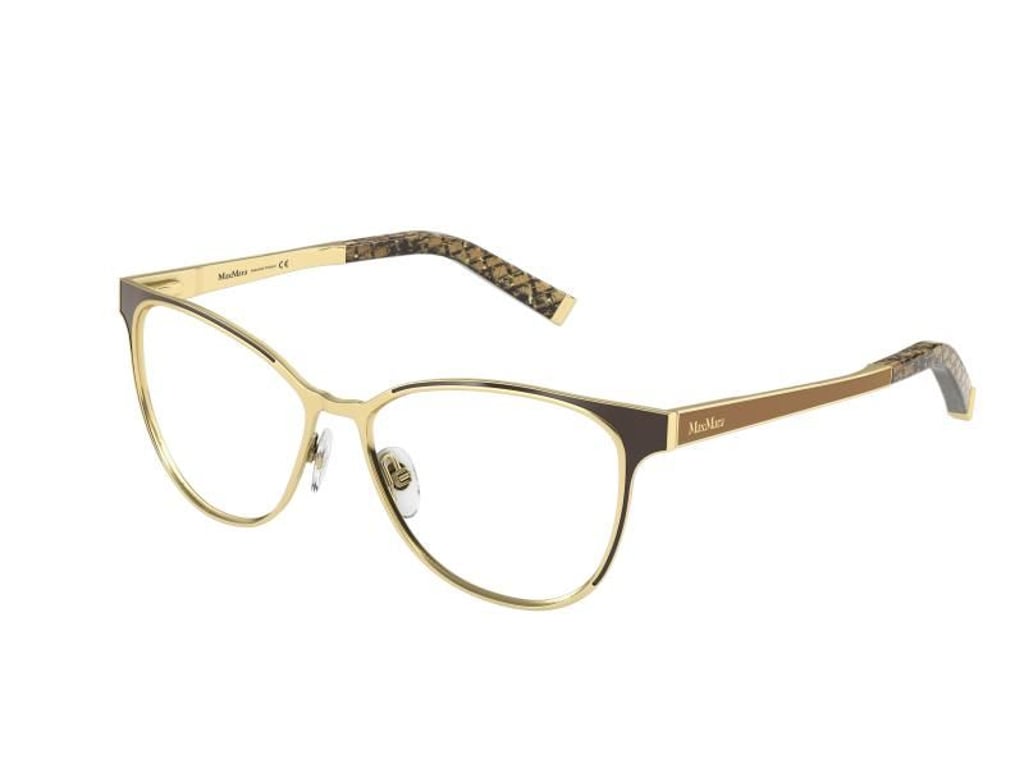 Diese Brille von Max Mara in warmem Gold steht Blonden oder Rothaarigen gut (aus Acetat, ca. 231 Euro). Foto: Max Mara