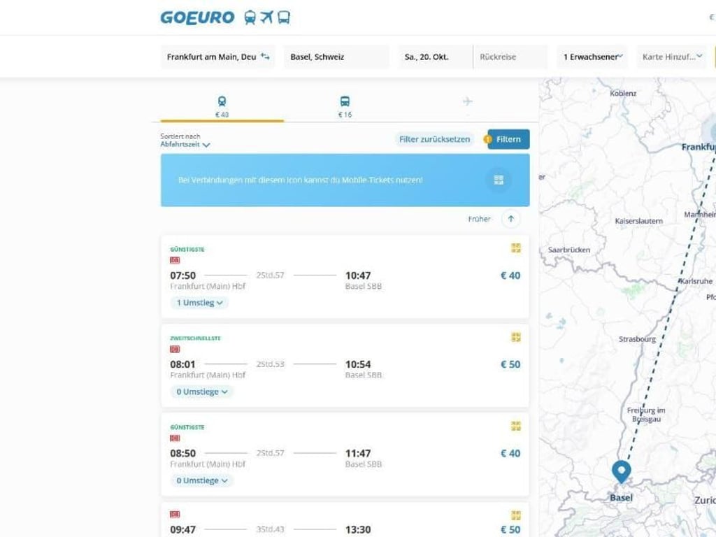 Bei der Reise ins nahe Ausland lohnt sich der Zug manchmal eher als das Flugzeug - das schont die Umwelt. Foto: www.goeuro.de