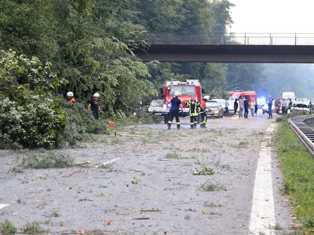 Feuerwehren räumen die durch umgestürzte Bäume blockierte Autobahn A 45 bei Aschaffenburg. Foto: Ralf Hettler