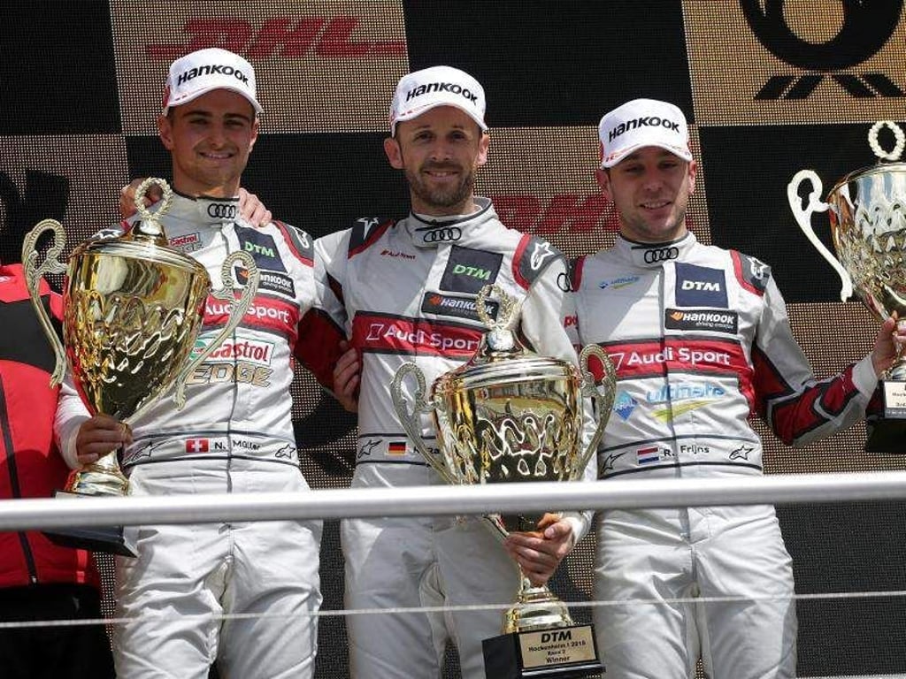 Drei Audi-Piloten auf dem Podest beim 2. Rennen auf dem Hockenheimring: René Rast (M) siegte vor Nico Müller (l) und Robin Frijns. Foto:&nbsp;Hasan Bratic