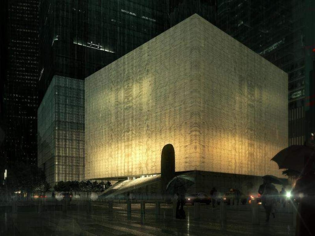 Grafische Darstellung der für 2020 geplanten Kulturhalle auf dem Ground Zero-Gelände in New York. Foto: LUXIGON