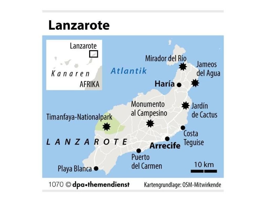 Vulkaninsel im Atlantik: Lanzarote ist ein weitgehend rauhes Eiland, das zu den Kanaren gehört. Foto: dpa-infografik