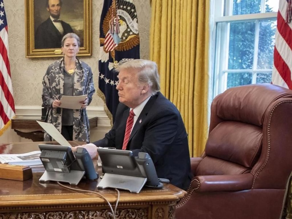 Donald Trump, Präsident der USA, an seinem Schreibtisch im Oval Office. Foto: White House/Planet Pix/ ZUMA