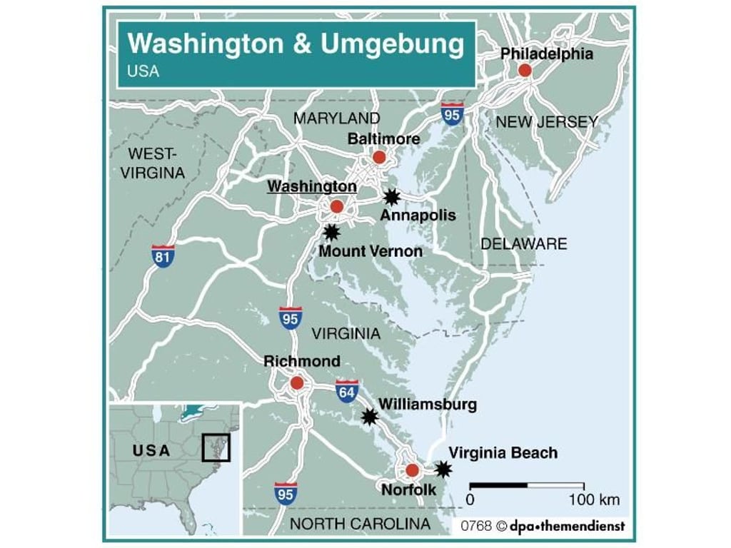 Washington und die Capital Region, von Baltimore bis Virginia Beach, putzen sich in der Adventszeit weihnachtlich heraus. Und es gibt viel zu erleben. Grafik: dpa-infografik GmbH Foto: