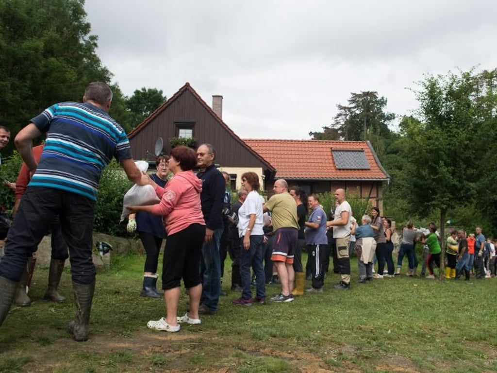Alle fassen mit an: Helfer reichen in Langenstein (Sachsen-Anhalt) Sandsäcke weiter. Foto: Klaus-Dietmar Gabbert