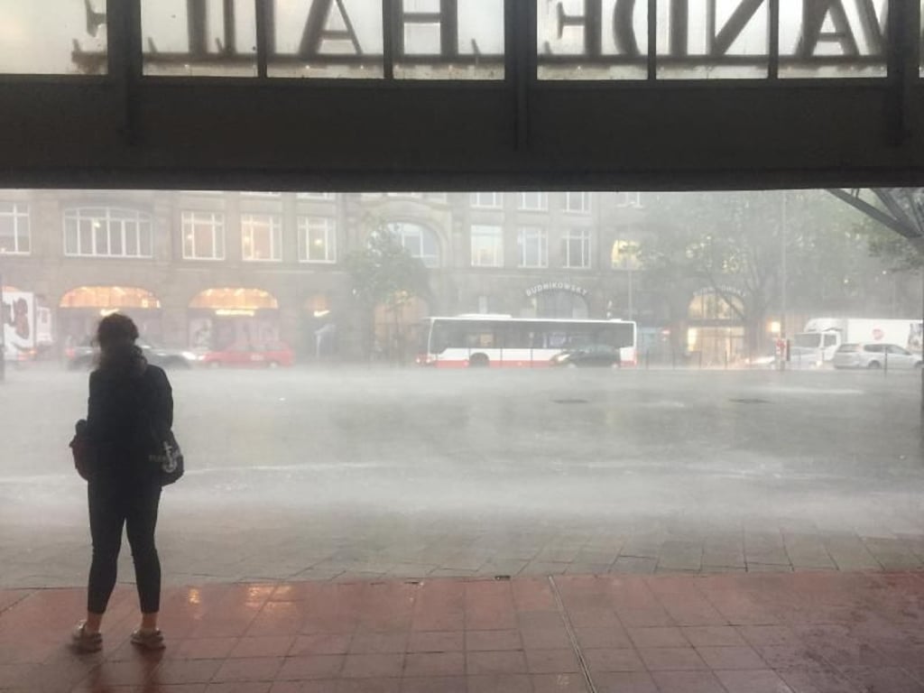 Blick in den Regen aus der Wandelhalle des Hauptbahnhofs in Hamburg. Foto: Eckart Gienke