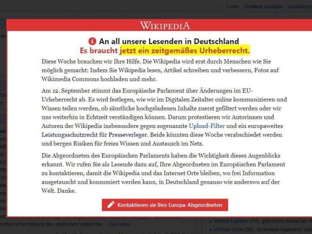 Vorschalt-Seite der freien Internet-Enzyklopädie Wikipedia, auf der zum Protest gegen die geplante Reform des europäischen Urheberrechts aufgerufen wird. Foto: Wikipedia