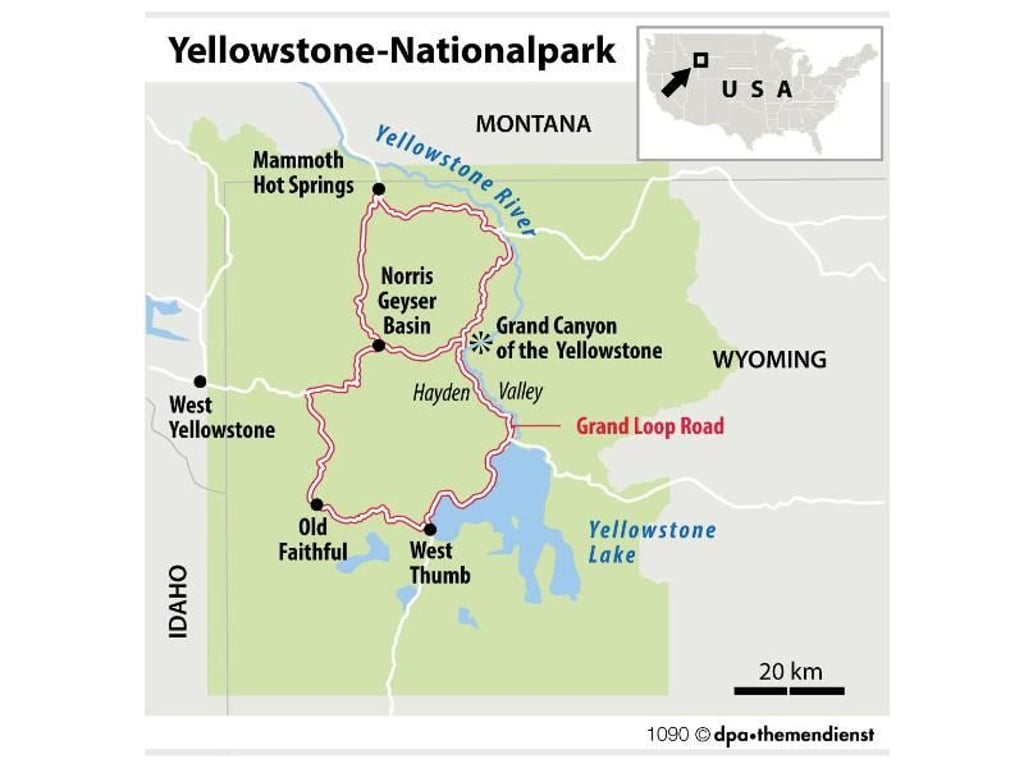 Hochplateau im Wilden Westen: Der Yellowstone-Nationalpark liegt im äußersten Nordwesten des US-Bundesstaates Wyoming, kleine Teile gehören zu den Nachbarstaaten Montana und Idaho. Foto: dpa-infografik