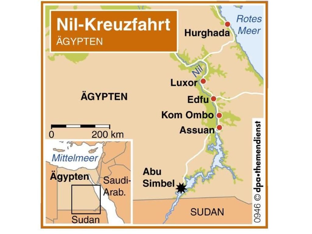Die meisten Kreuzfahrtschiffe auf dem Nil fahren von Luxor über Edfu und Kom Ombo nach Assuan. Zum Tempel von Abu Simbel geht es dann mit dem Bus. Foto: dpa-infografik