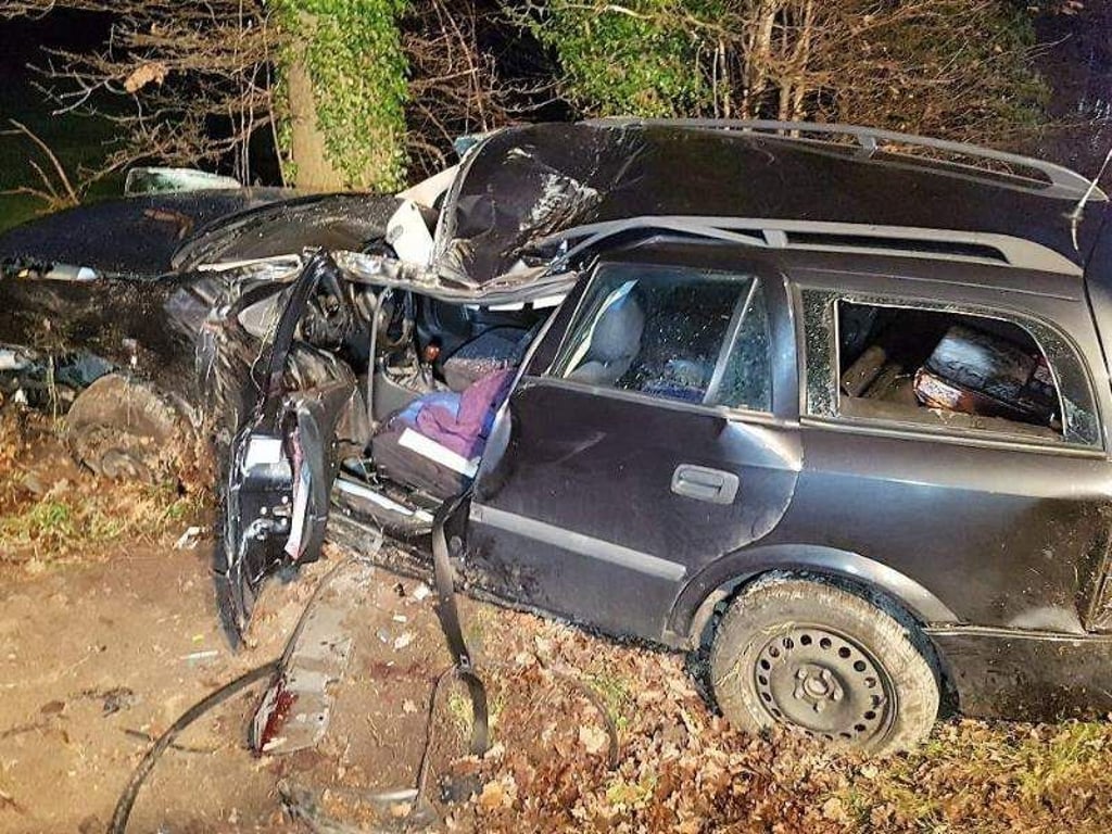 Das Wrack des Autos: Der Fahrer war von einer Landstraße abgekommen und gegen einen Baum geprallt. Foto: Nord-West-Media TV