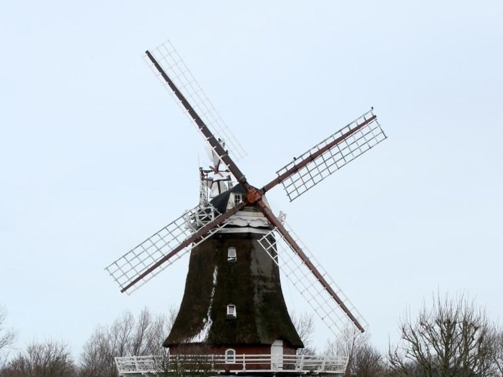 Aus der verschneiten Insellandschaft ragt die alte Mühle bei Oldsum hervor. Foto: Verena Wolff