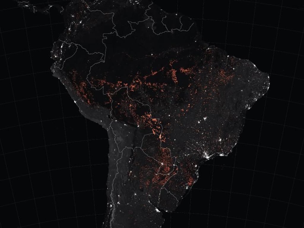 Die Karte zeigt aktive Brände in Brasilien, wie sie von Terra und Aqua MODIS vom 15. bis 22. August beobachtet wurden. Foto: NASA