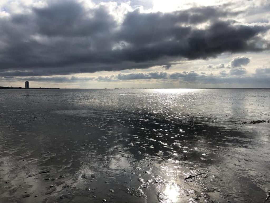 Dramatisches Wolkenspiel am Himmel über dem Watt bei Westerdeichstrich. Foto: Teresa Nauber