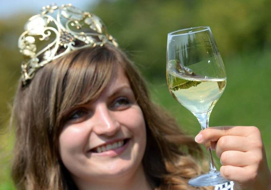 Einen Weißwein des letzten Jahrgangs begutachtet die Gebietsweinkönigin Saale-Unstrut, Susanne Rothe, am 11.08.2015 in Freyburg (Sachsen-Anhalt). Die Winzer in Deutschlands nördlichsten Weinanbaugebiet blicken auf eine gute Entwicklung der Trauben auf den insgesamt 760 Hektar Anbaufläche. Foto: Hendrik Schmidt/dpa +++(c) dpa - Bildfunk+++